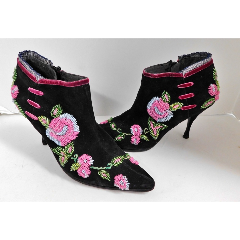 Beverly Feldman Black Suede Floral Beaded Ankle Boots Heels Size 9 M